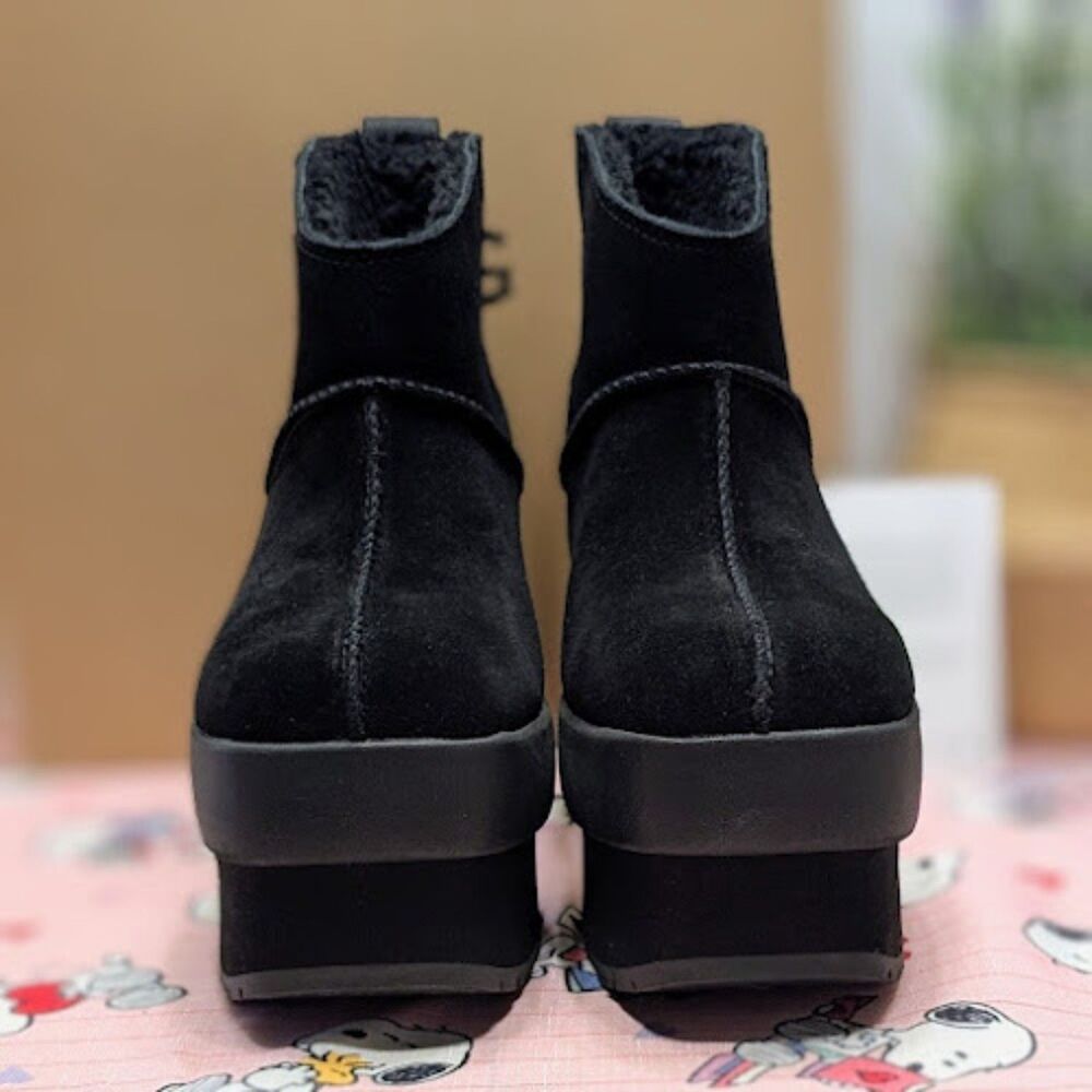UGG Black Suede & Shearling New Heights Platform Mini Boots Women's Size 10 NIB - Picture 6 of 14